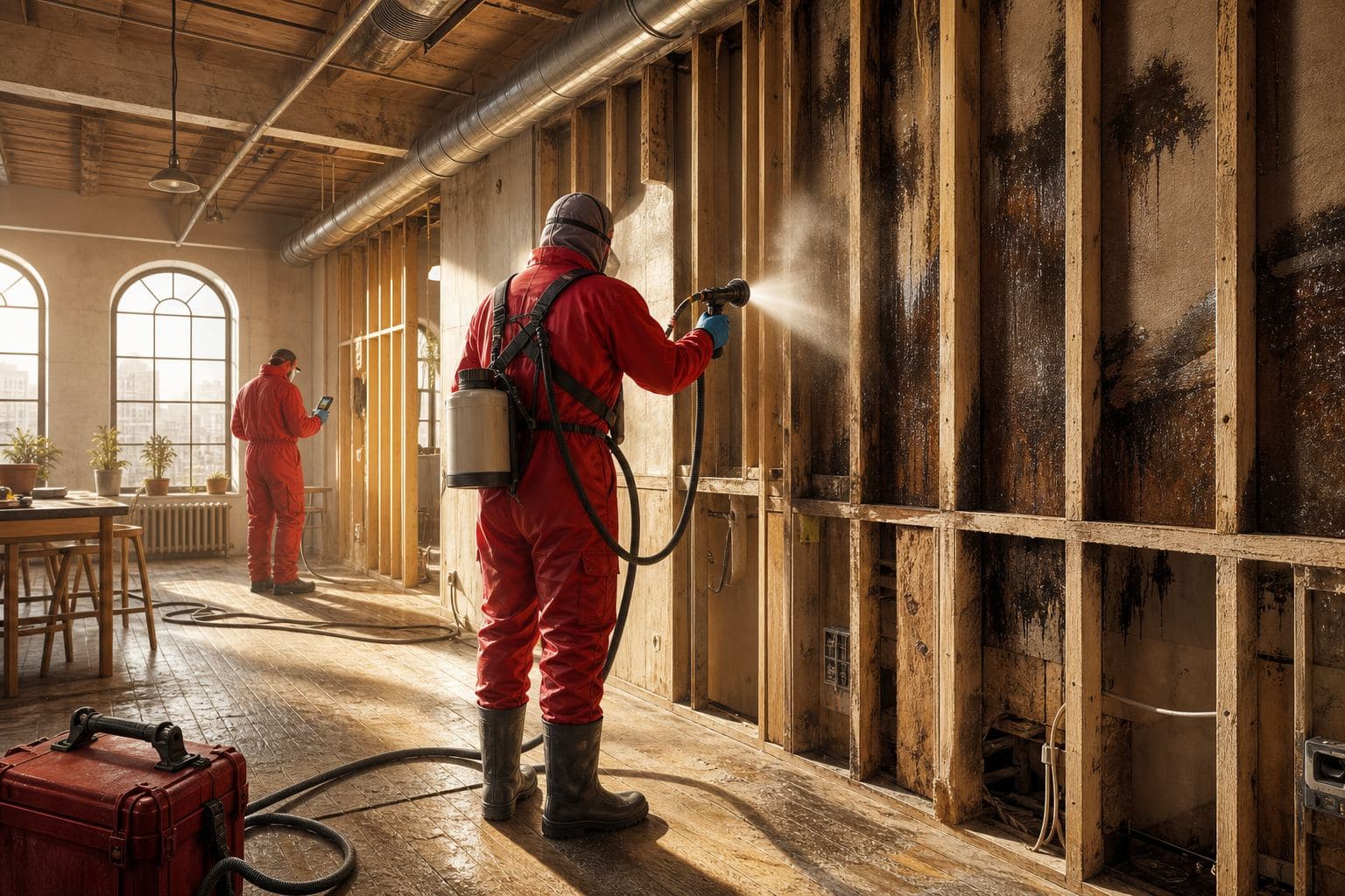 Technician treating wall cavities after water damage